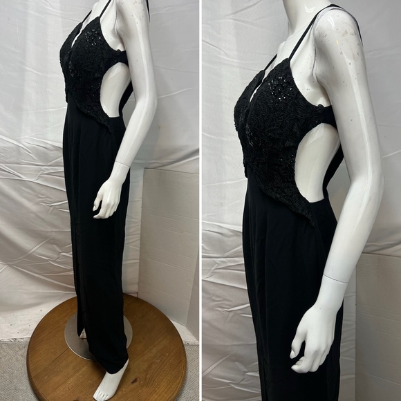 Precious Formals 10 Vintage Y2K Black Beaded Sequins Lace Cut Out Long Dress - Picture 2 of 5